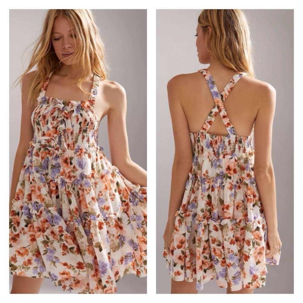 En Saison White Floral Mini Dress with Orange & Lavender Blooms